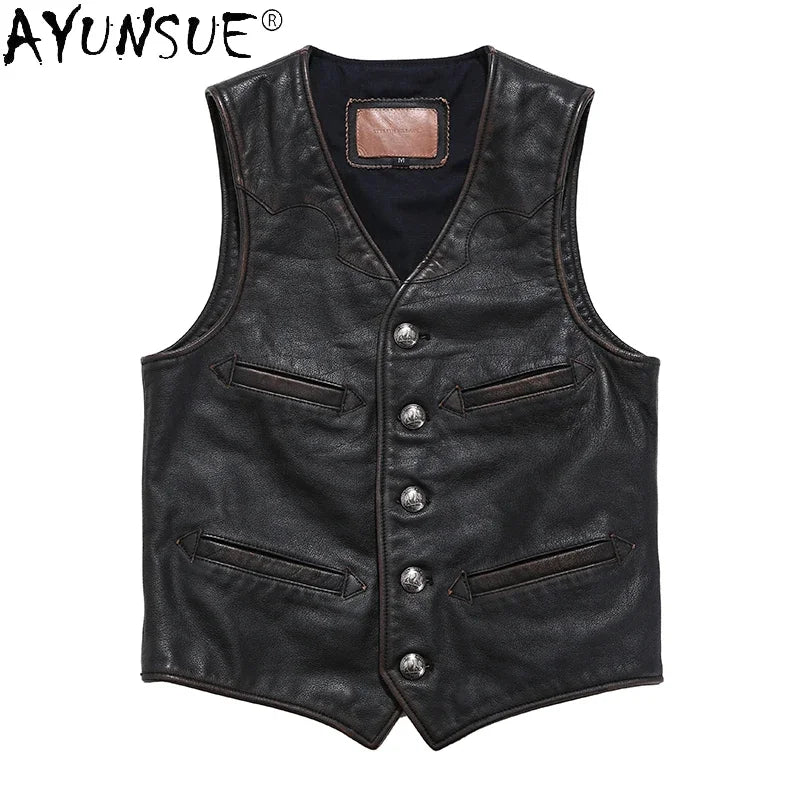 AYUNSUE Men Jacket 2020 Men's Clothing 5XL 6XL Real Cow Leather Vest Male Retro Motorcycle Buffalo Man Vests Hommes Veste LXR370