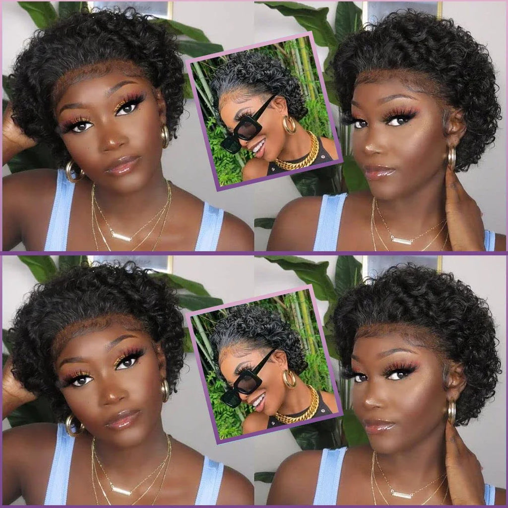 Pixie Cut Wig 13x1 Lace Frontal Short Kinky Curly Bob Wigs Brazilian Water Wave Transparent Lace Front Human Hair Short Wigs