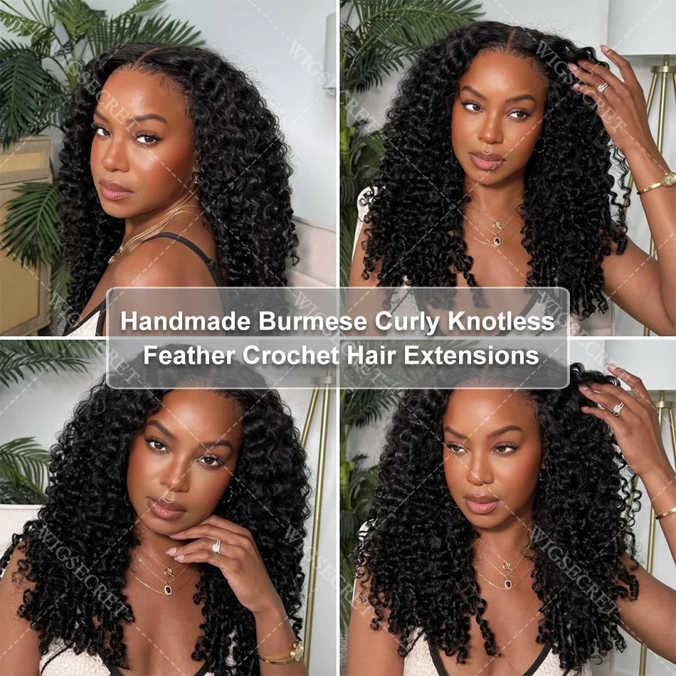 Miracle Knots Burmese Curly Crochet Human Hair Extensions Pre-Separated Knotless Ombre Highlight Feather Crochet Braids Hair