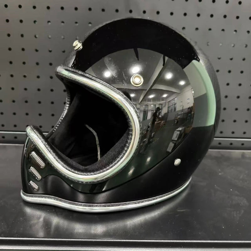 Pointed Nose Small Helmet Chrome Silver Rim Retro Motorcycle Fiberglass Helmet Four Season Full Face Helmet for Honda casco moto