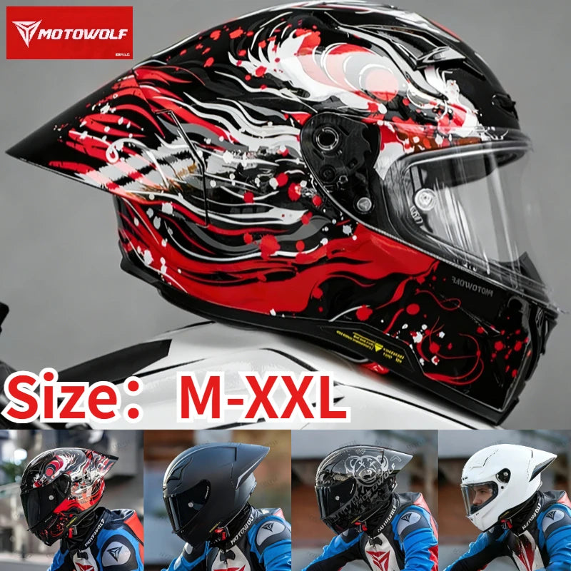 MOTOWOLF H1 Motorcycle Full Face Helmet Big Tail Lightweight All Seasons Racing Helmet Cascos Para Moto For Men Women