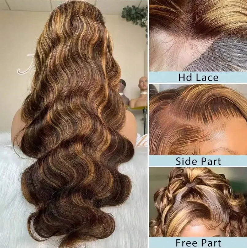 34 Inch13x4 Honey Blonde Ombre Lace Front Wigs Human Hair Pre Plucked 200 Density 4/27 Highlight Colored Body Wave Frontal Wigs