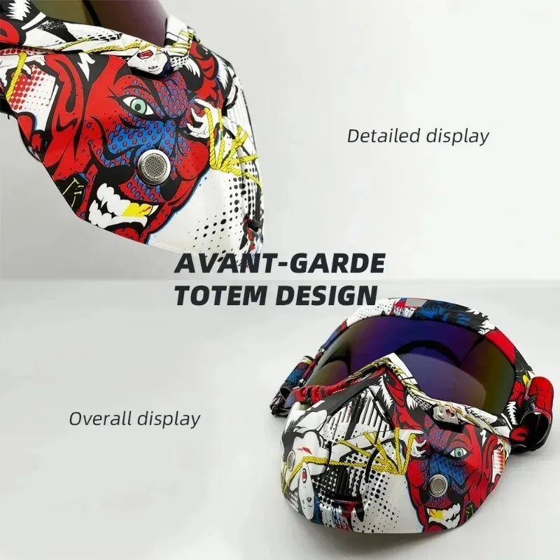 Motorcycle Glasses Riding Glases with Removable Face Mask, Removable Anti-fog Glasses, Mouth Filter, Adjustable Anti-slip Strap