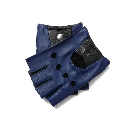 Spring Male100% Pure Real Leather Half Finger Thin Gloves Man Genuine Sheepskin Red/Brown/Blue Driving Riding Luvas Guantes