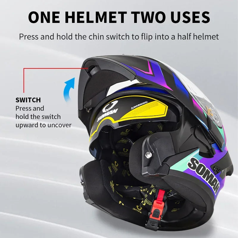 SOMAN Full Face Helmet Dual Lens Flip Up Motorcycle Helmets Casco Accessories Men Women Casque Moto Racing DOT Approved Visor