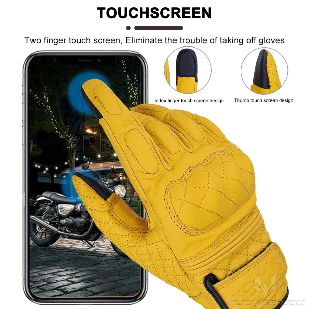 Retro Motorcycle Gloves Real Leather Full Finger Black Yellow Men Women Protective Gear Motorbike Glove Touch Screen Guante Moto