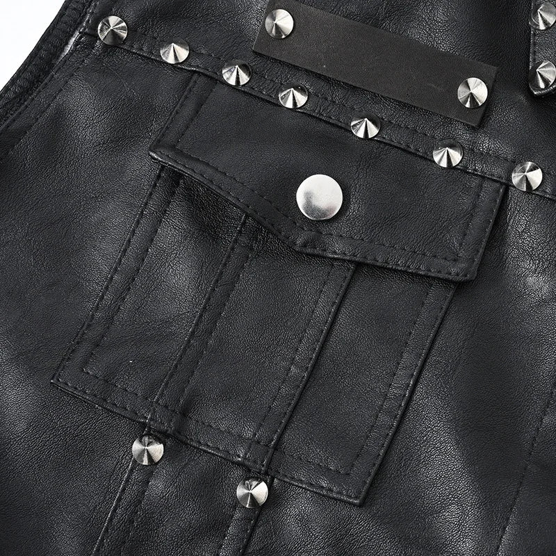 Men's Punk Style Leather Biker Waistcoat With Rivets Fashion High Streetwear Motorcycle Rider Vests PU Sleeveless Jacket