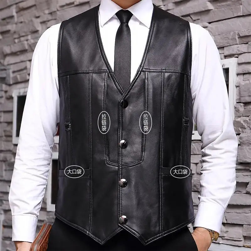 Cowhide Genuine Leather Vest Waistcoat Male clothing Jacket Thick Motorcycle Multi Pocket leather biker Men safety vest JJ134