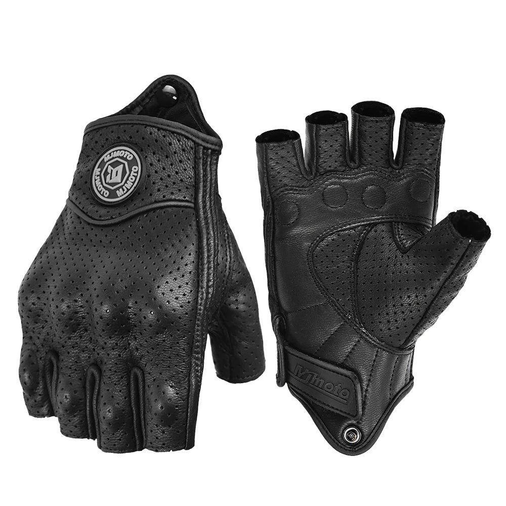 MJMOTO Retro Leather Motorcycle Half Finger Gloves Touchscreen Motocross Gloves Hard Shell Protection Motorbike Glove Breathable