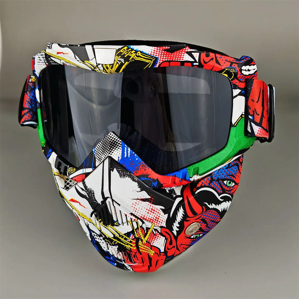 Motorcycle Glasses Riding Glases with Removable Face Mask, Removable Anti-fog Glasses, Mouth Filter, Adjustable Anti-slip Strap