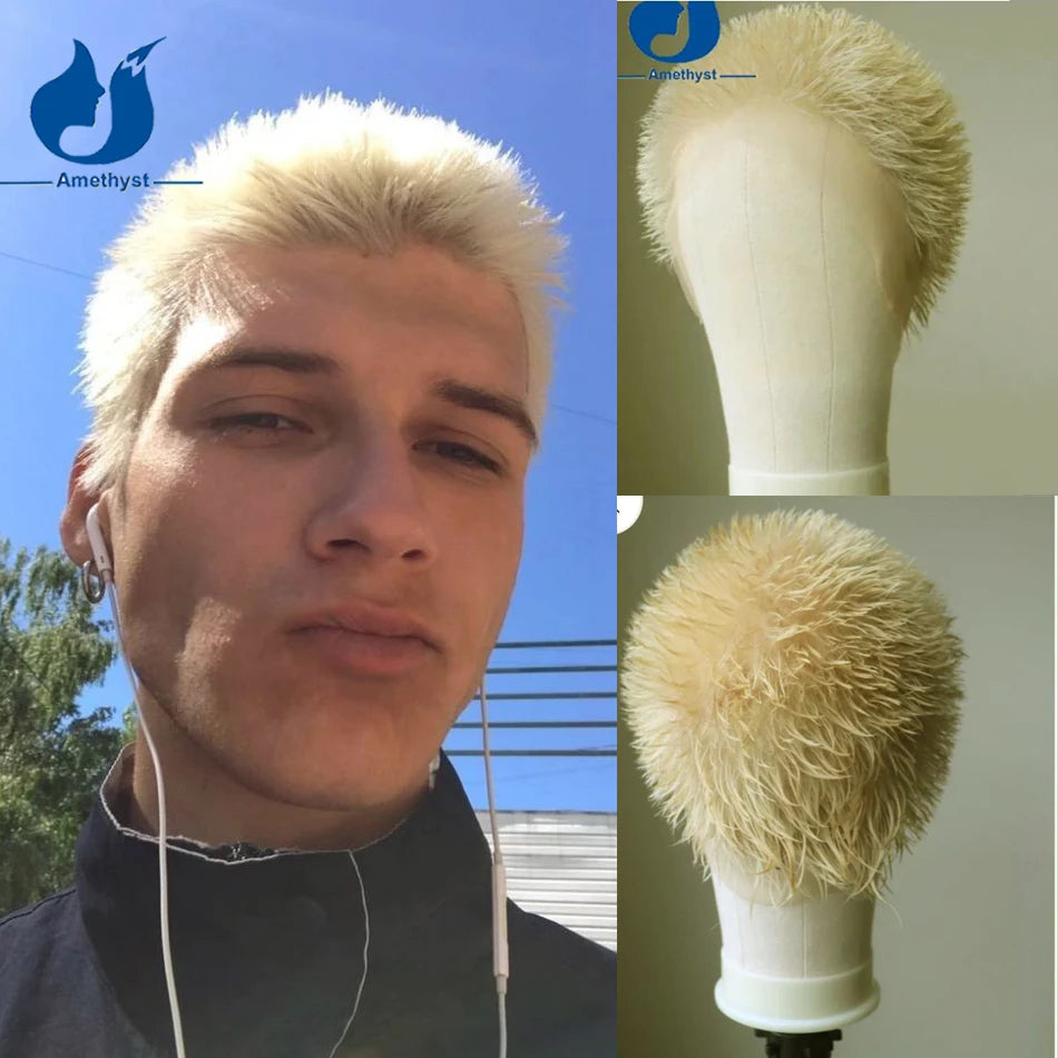 Amethyst 613 Blonde Short Bob Wig for Men Spikey Buzzcut Pixie Cut Brazilian Remy Human Hair Full Lace Wig Natural Black Bleach