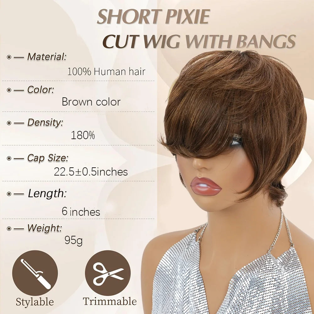 Short Straight Brown Textured Pixie Cut Human Hair Wig With Bangs Brazilian Remy layered shaggy pixie Wigs Machine Made