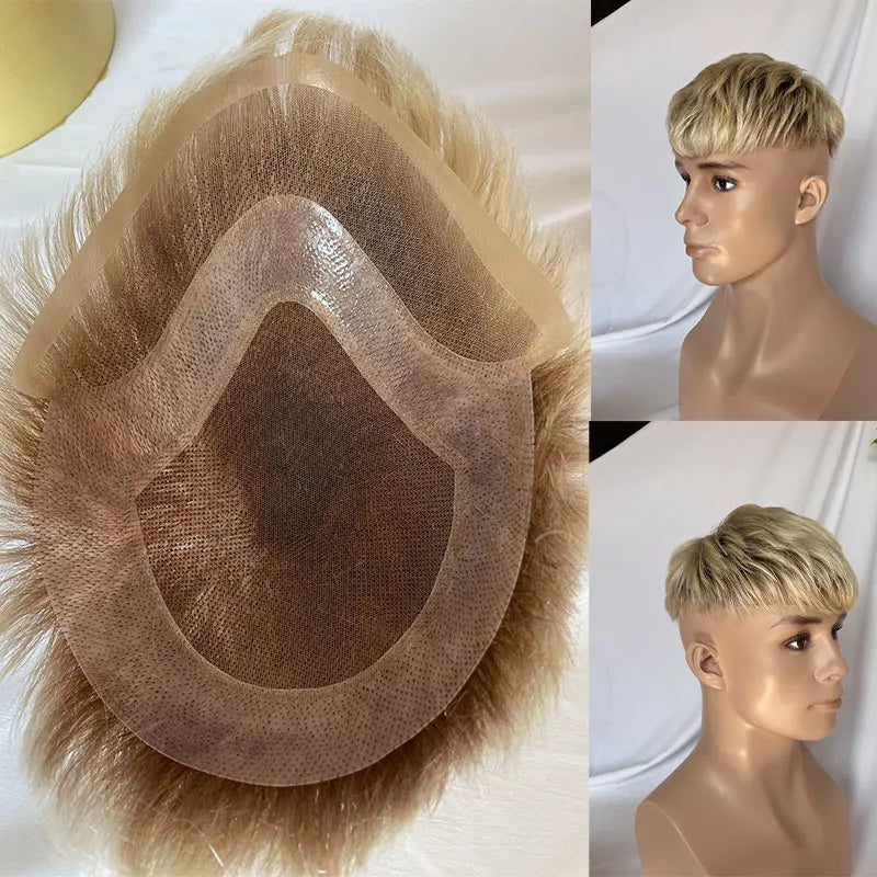 Men's 3Inch Cut Short Hair Toupée Human Hair Wig Swiss Lace Frontal PU Hairpieces 8x10 Omber 613# Color Systems Black Hairpiece