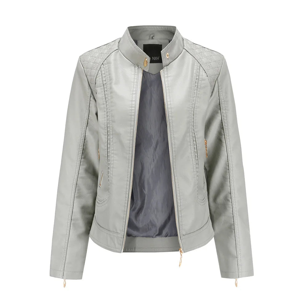 Punk Leather Jacket for Women, Large Standing Neck, Motorcycle Coat, Spring and Autumn Clothing, Temperament