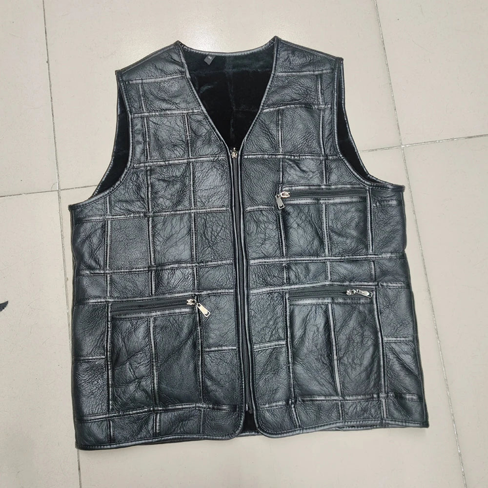 2026 Real Sheepskin Genuine Leather Vest Men Black Waistcoat Male Sleeveless Jacket Thick Motorcycle Vest Multi Pocket Zipper