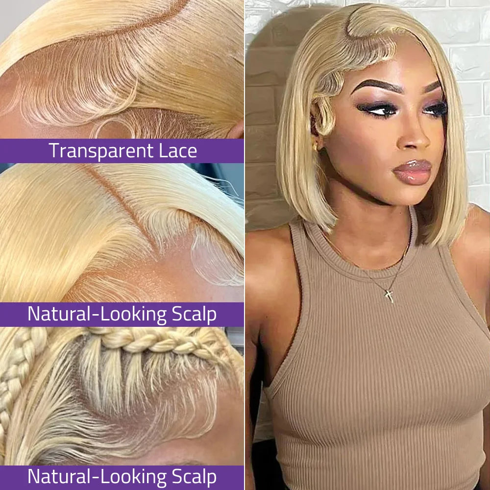 Blonde Straight 613 Short Bob 13x4 HD Lace Frontal Wigs Brazilian Human Hair Glueless Transparent Lace Front Wig 220% Density