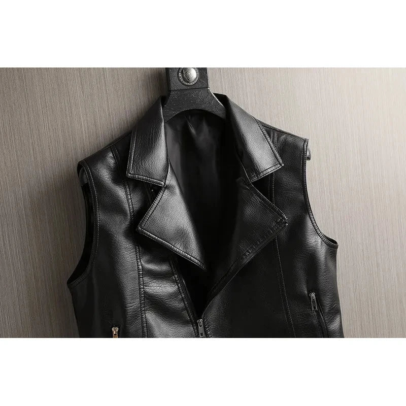 Spring Autumn New Fashion Trend Motorcycle Leather Vest Jacket Women's Suit Collar Sleeveless Coat Lady Short Zipper Jackets