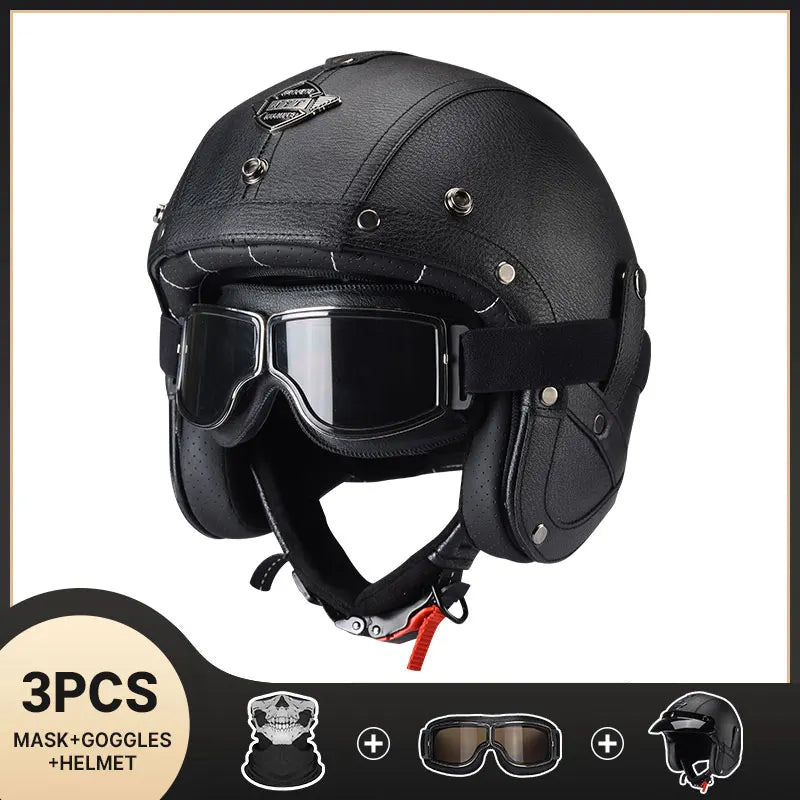 DOT Approved Vintage Leather Motorcycle Helmet Retro Open Face Chopper Casque Capacete Motorbike De Moto Masculino Casco Moto