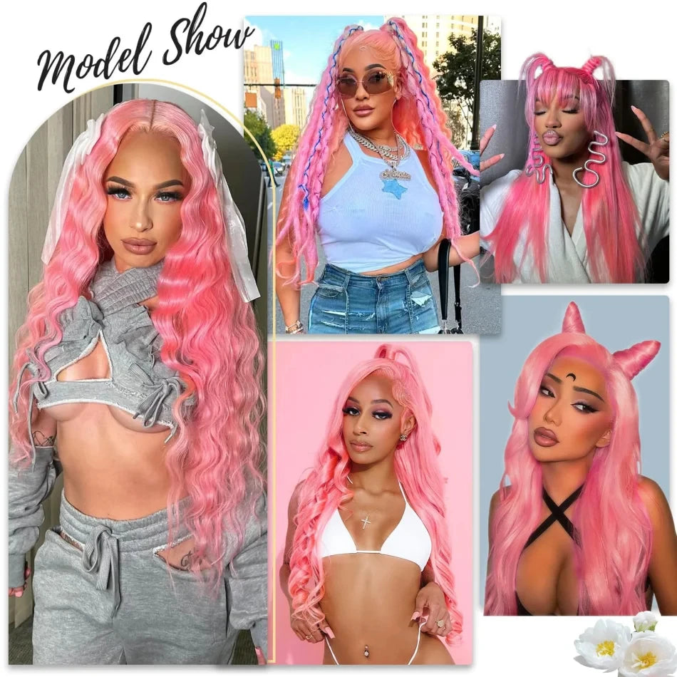 Brazilian Colored 38 Inch Lace Front Wigs Pink Wig Body Wave Human Hair Wigs 100% 13X6 Hd Lace Frontal Wig 220 Density For Women