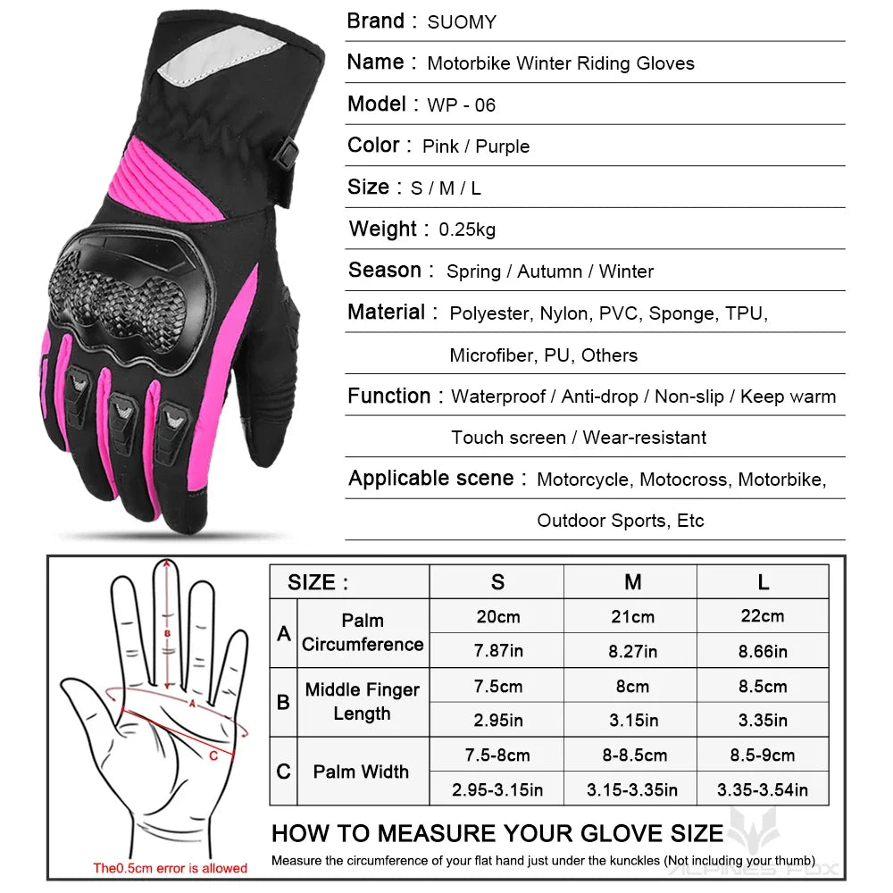 SUOMY Winter Motorcycle Gloves Windproof Waterproof Warm Motorbike Riding Gloves Women Lady Pink Motocross Guantes Touch Screen