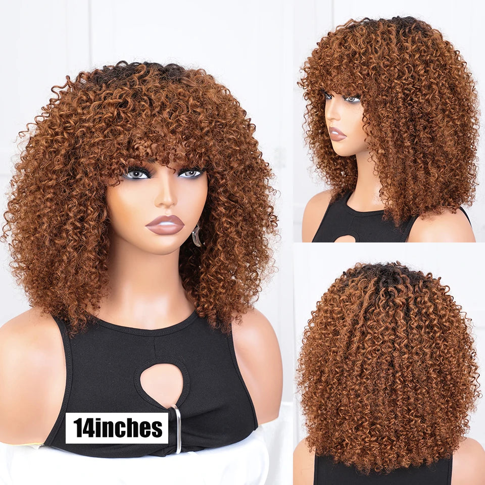 Brown Curly Bob Wigs Human Hair Wigs Afro Curly Wigs With Bangs Glueless Wear Go Jerry Curly Bob Wigs Brazilian Human Hair Wigs
