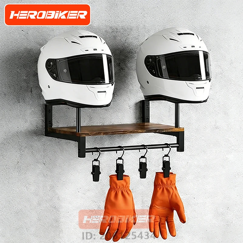 Motorcycle Helmet Wall Mount Wooden Shelf With Adjustable Hooks Sturdy Durable Storage For Motocross Bicycle Accessories