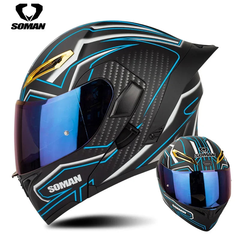 SOMAN Full Face Helmet Dual Lens Flip Up Motorcycle Helmets Casco Accessories Men Women Casque Moto Racing DOT Approved Visor