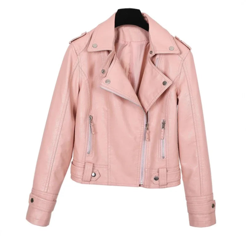 New Pink/beige/black Women's Clothing Short Motorcycle PU Leather Jacket Autumn JAdd Cotton Coats Lapels Zip Short Women Jackets