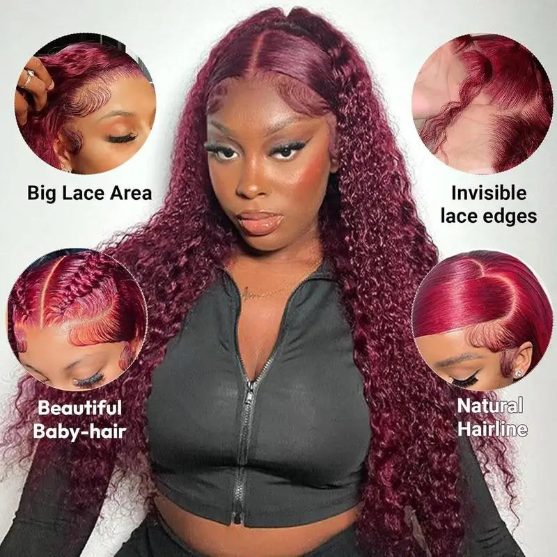 220 Density 99j Burgundy 13x6 HD Lace Frontal Human Hair Wig Pre plucked Colored Brazilian Deep Wave Curly Human Hair Wig