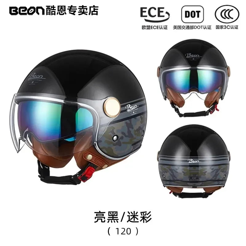 BEON Motorcycle Retro Style Helmet Electric Bike Riding Three-quarters Half Helmet Lightweight Dual Lens Safety Helmet
