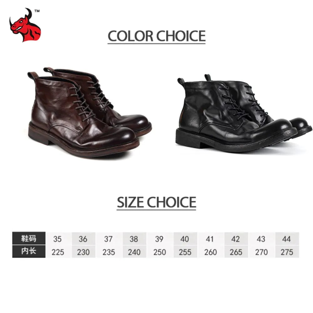 High Quality Cowhide Motorcycle Boots Men Genuine Leather Waterproof Motorbike Boots Vintage Hight-Top Moto Rider Ankle Boots