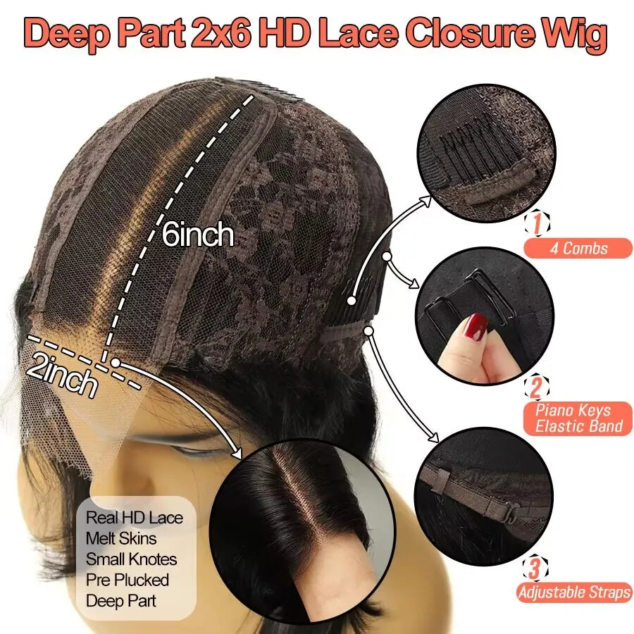 BEEOS Glueless 250% Skinlike 2x6 HD Lace Closure Wigs Preplucked Human Hair Water Wave HD Transparent Lace Wigs For Women
