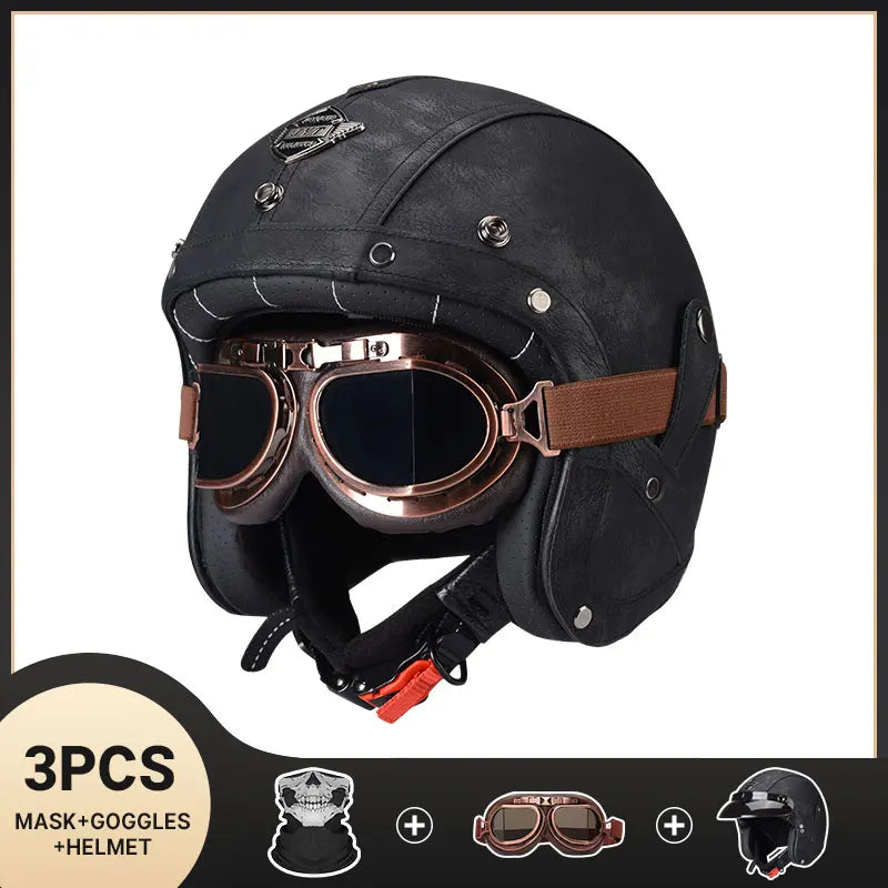 DOT Approved Vintage Leather Motorcycle Helmet Retro Open Face Chopper Casque Capacete Motorbike De Moto Masculino Casco Moto