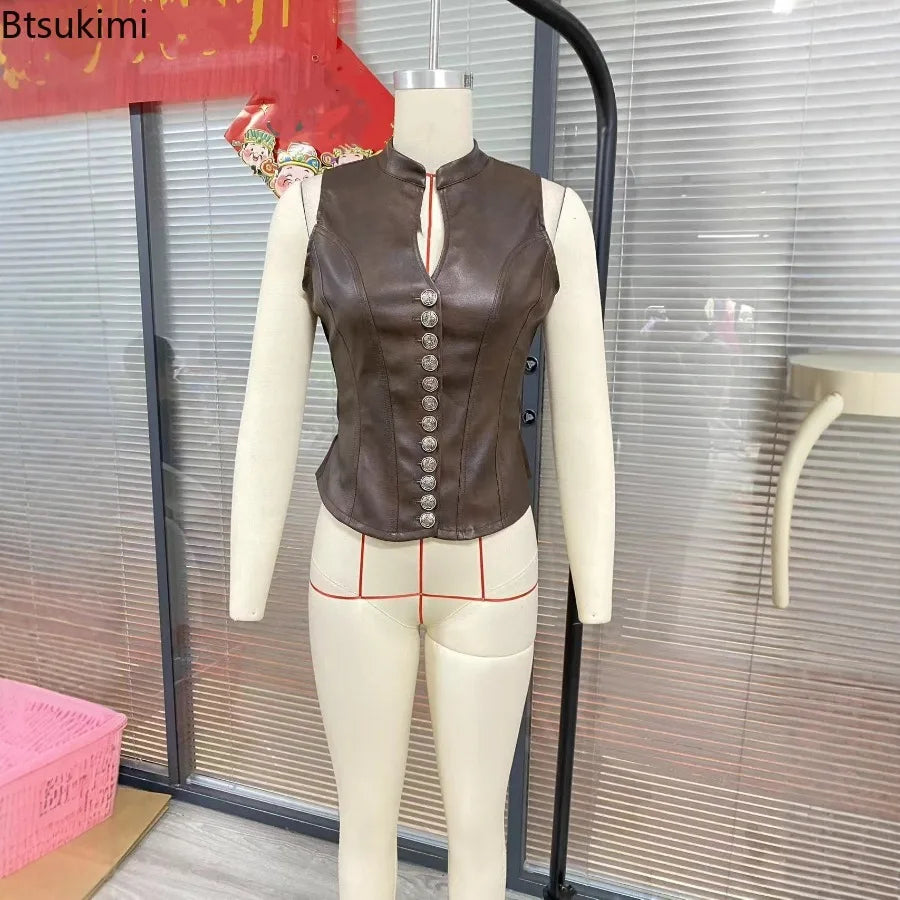New Women's Fashion PU Leather Vests Elegant Sexy Sleeveless V Neck Tops Women Streetwear Casual Vintage Motorcycle Vest Jackets