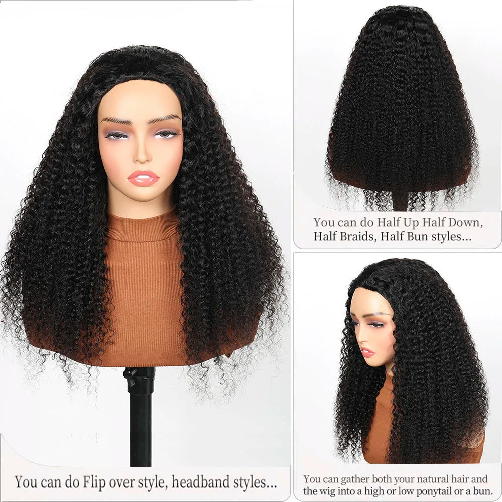 Kinky Curly Human Hair Half Wig Glueless Wig Headband Wig Upgrade 3 IN 1 Half Wig With Drawstring Seamless Clips Wig For Women