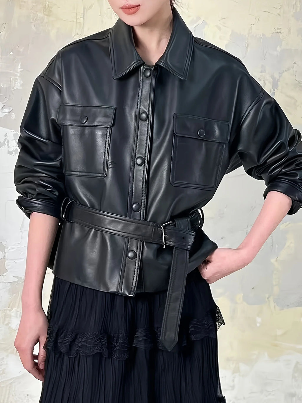 Women's retro loose leather motorcycle jacket lightweight long-sleeved zipper lapel cardigan street clothing trendy casual jacke
