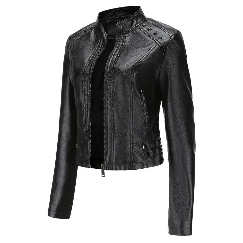 KIDCRKJ Spring Autumn Women's Leather Jacket Female Riveted Stand Collar Casual Coats Women's Motorcycle Jacket Women's Clothing