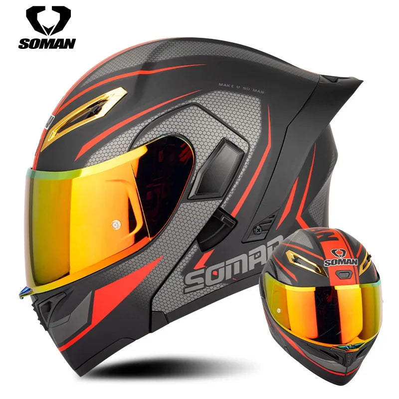 SOMAN Full Face Helmet Dual Lens Flip Up Motorcycle Helmets Casco Accessories Men Women Casque Moto Racing DOT Approved Visor