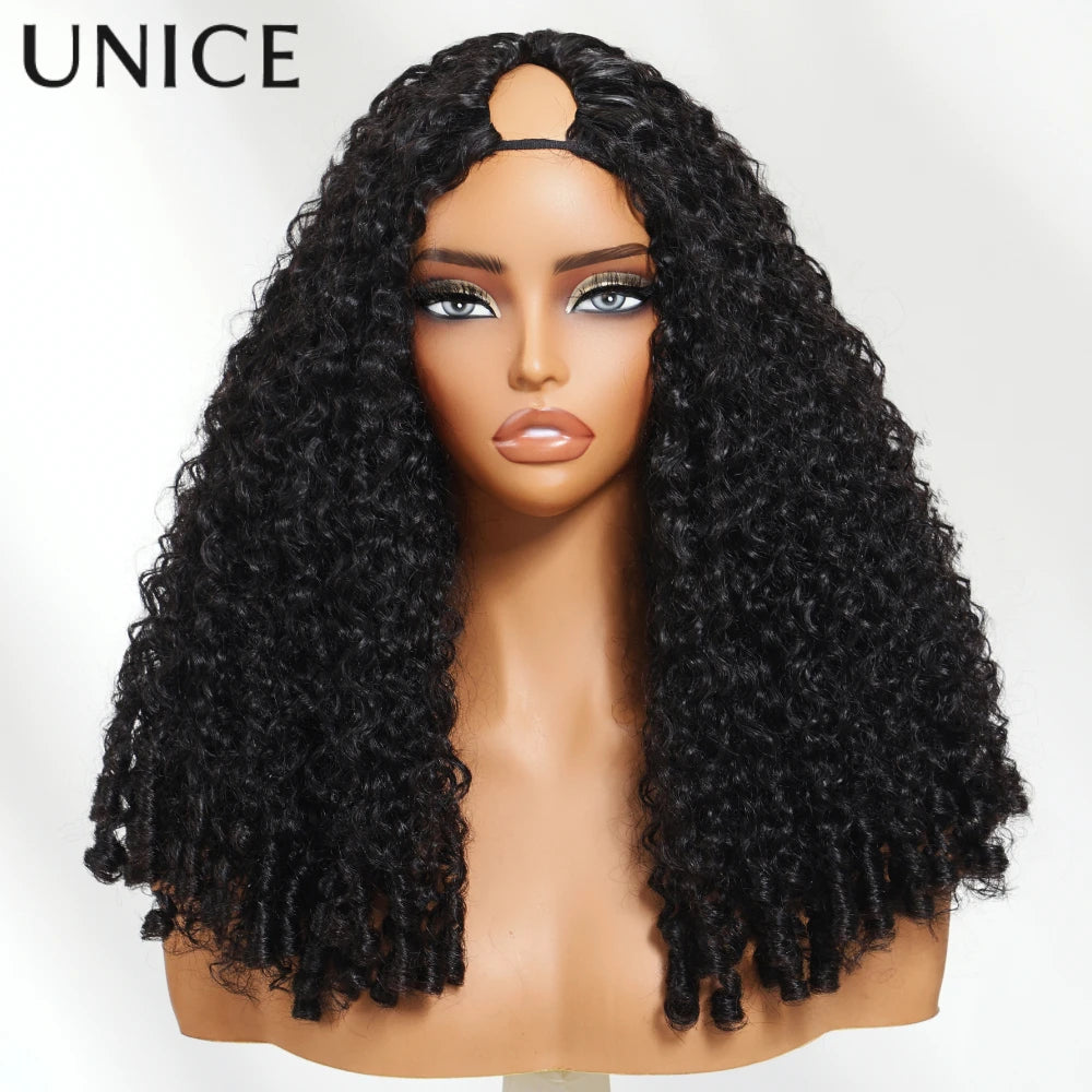 UNice Burmese Curly V Part Wig With Finger Coil Ends & Invisi Drawstring 100% Human Hair Glueless Wigs For Beginners