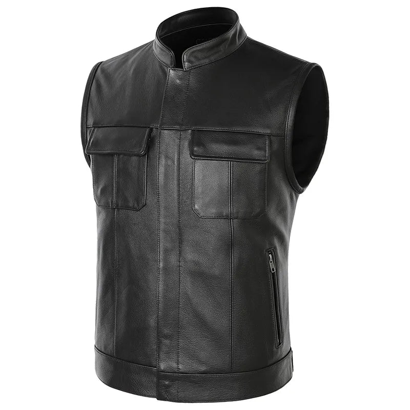 Men Real Leather Vest Motorcycle Biker High Quality Vest Genuine Leather Cowhide Sleeveless Jackets Waistcoat Stand Collar 5XL