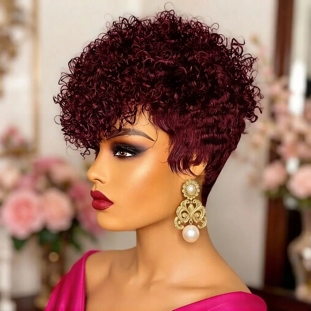 Natural Black Short Pixie Cut Wig Curly Human Hair Wig with Pre Plucked Bangs for Women Brazilian Hair Machine Made Wig