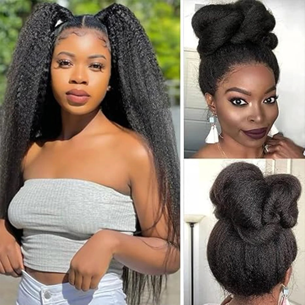 Afro Kinky Straight Lace Front Wigs Soft As Human Hair Pre Plucked With Baby Hair 210% Density Yaki Straight Transparent HD Lace