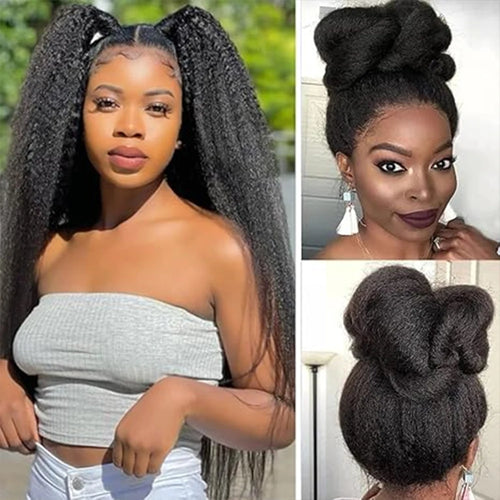 Afro Kinky Straight Lace Front Wigs Soft As Human Hair Pre Plucked With Baby Hair 210% Density Yaki Straight Transparent HD Lace