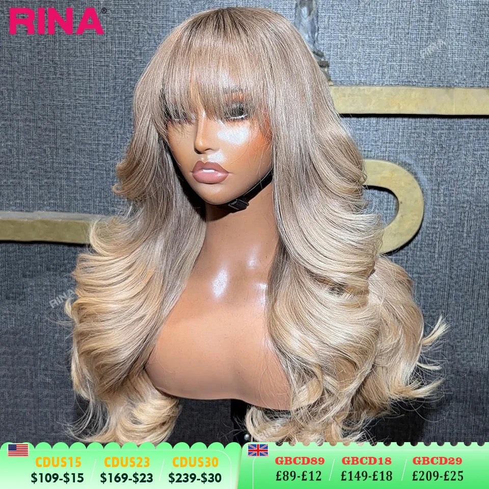 Ombre Ash Blonde With Bang Color 180 Density 13X6 13x4 Wigs Transparent Lace Hair Frontal Pre Plucked Human Hair For Women