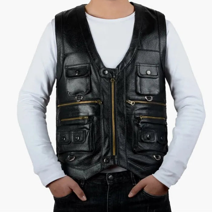 Cowhide Genuine Leather Vest Waistcoat Male clothing Jacket Thick Motorcycle Multi Pocket leather biker Men safety vest JJ134