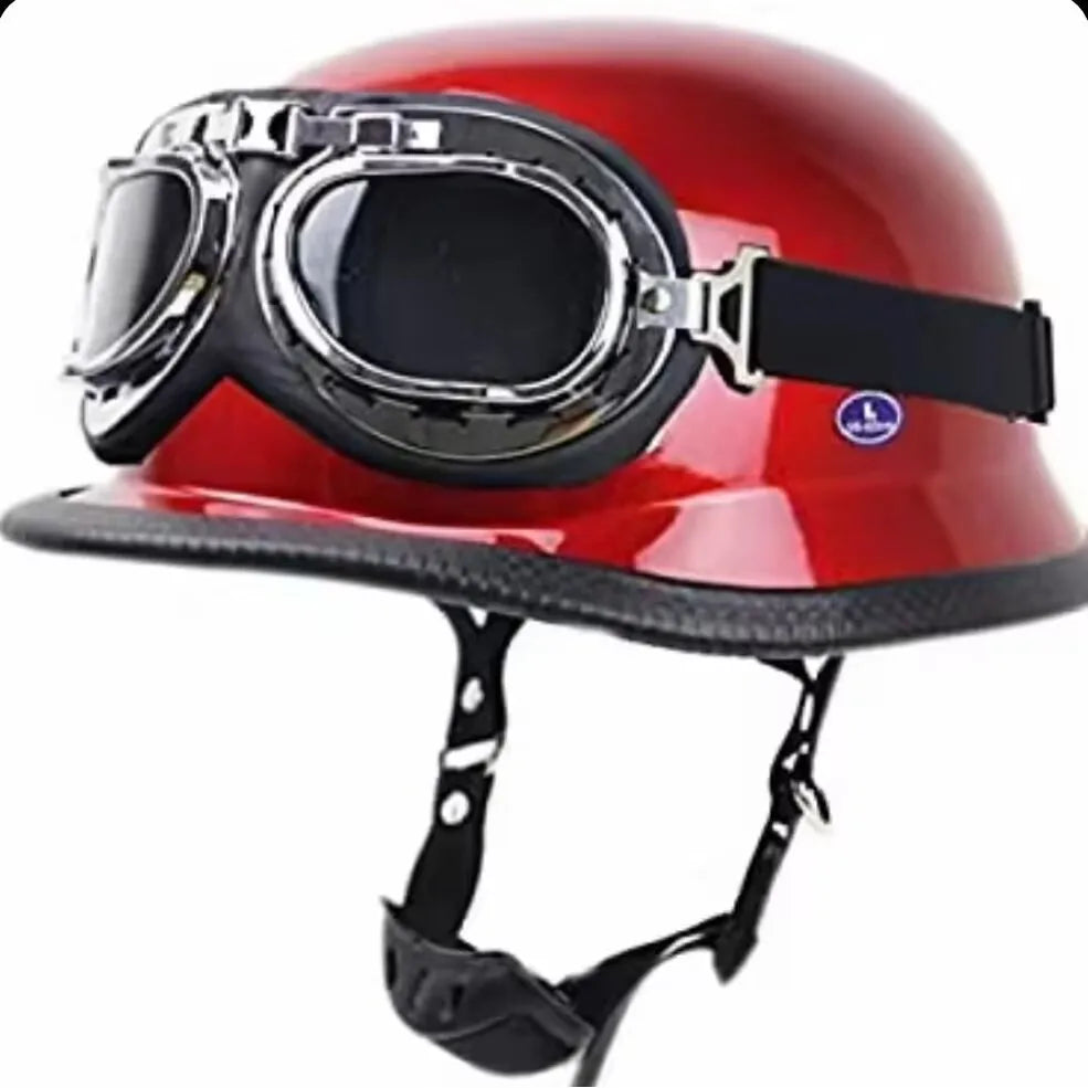 DOT Approved Chrome Silver Mirror German Style Motorcycle Half Helmet Vintage Pilot Helmet for Chopper Biker with Free Goggles