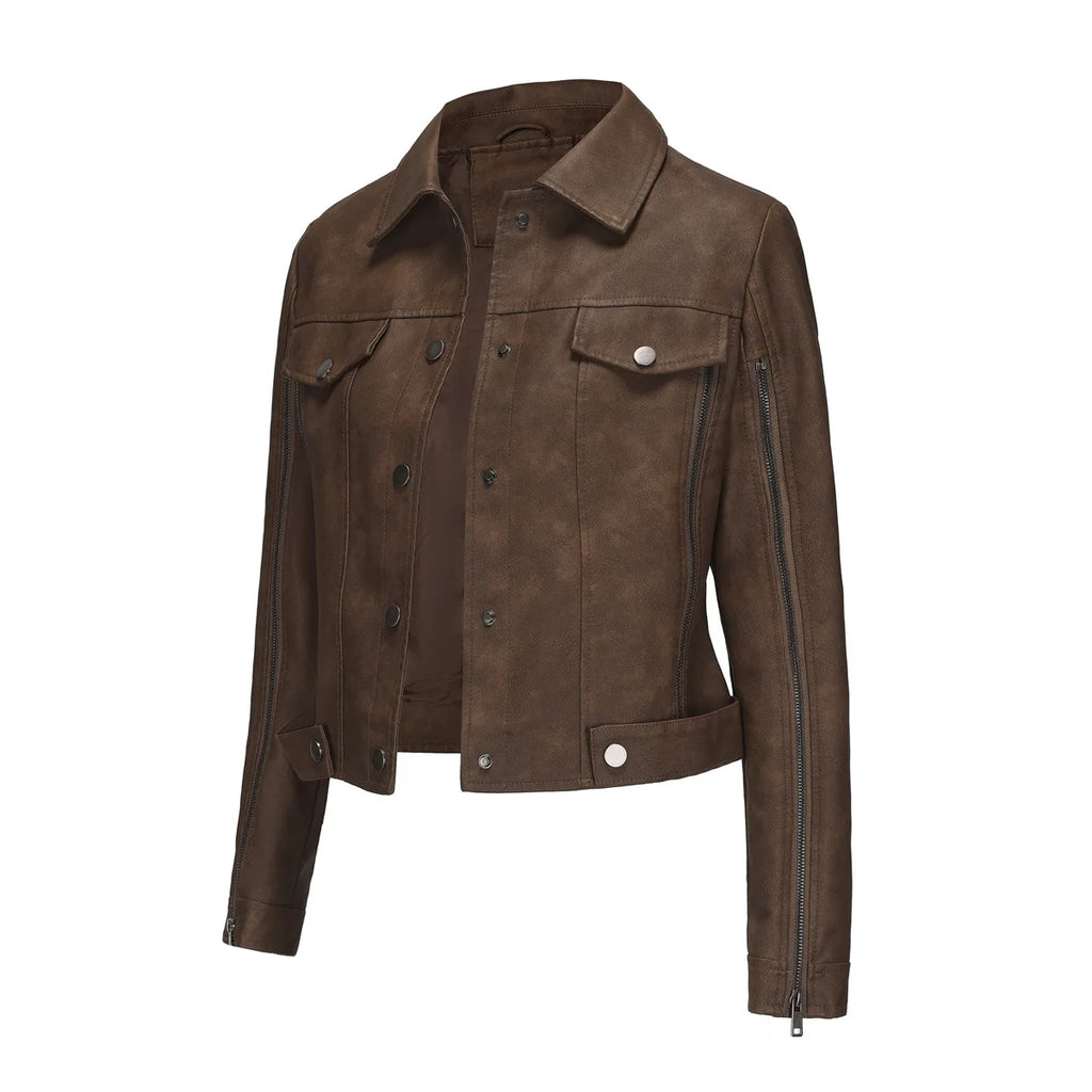 Fashion zipper motorcycle jacket long sleeved cardigan popular jacket spring and autumn thin leather jacket women's clothing