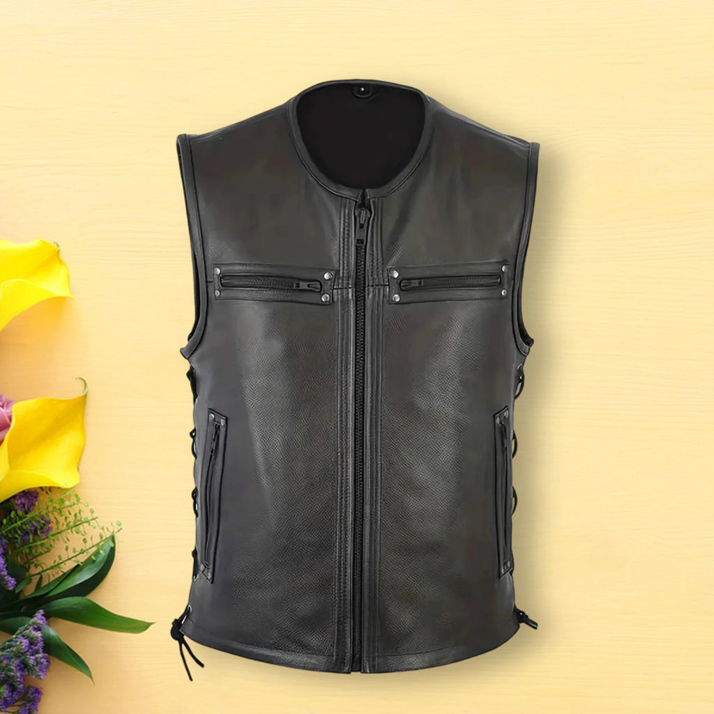 Men's Motorcycle Vests with Pockets Fashionable Leather Solid Color Zipper Up Sleeveless Jacket