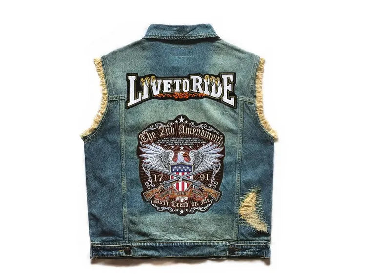 Embroidered Denim vest blue Jeans Patchwork Motorcycle Biker Jeans Sleeveless jacket punk Cowboy Fashion vest live to ride 6XL