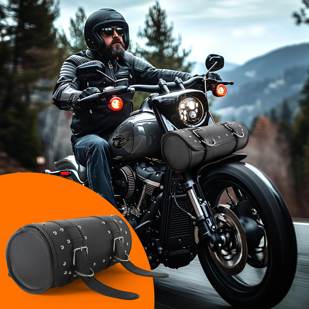 Motorcycle Front Fork Handlebar Bag Leather Waterproof Large Motor Saddlebags Bag Moto Luggage Capacity Storage Pouch Tank W4P2